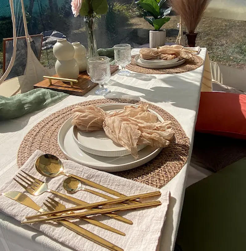 Close-up of luxury tablescape place setting for elegant dining on the Oregon Coast