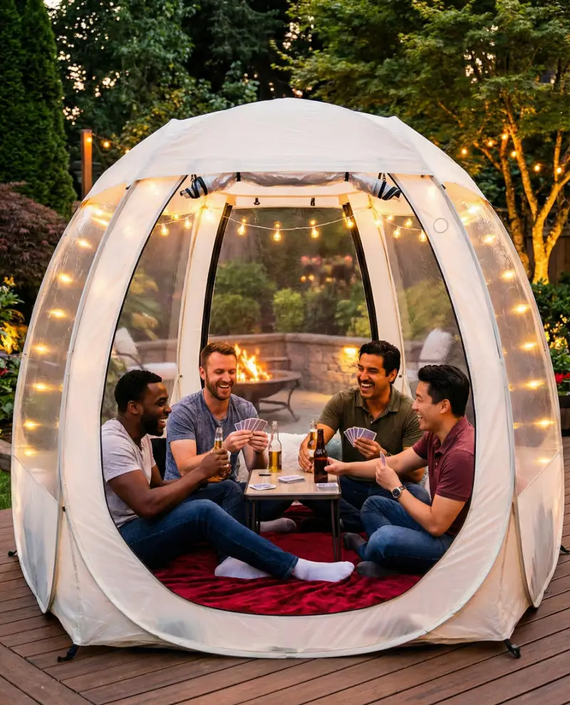 Outdoor watch party setup in Newport Oregon with clear bubble and seating