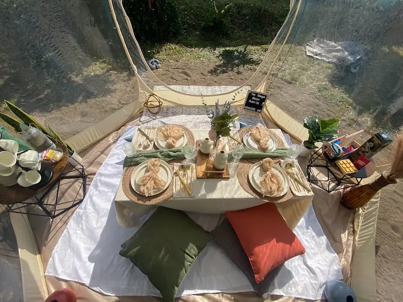Elegant picnic tablescape setup in Newport Oregon with pink decor and clear bubble