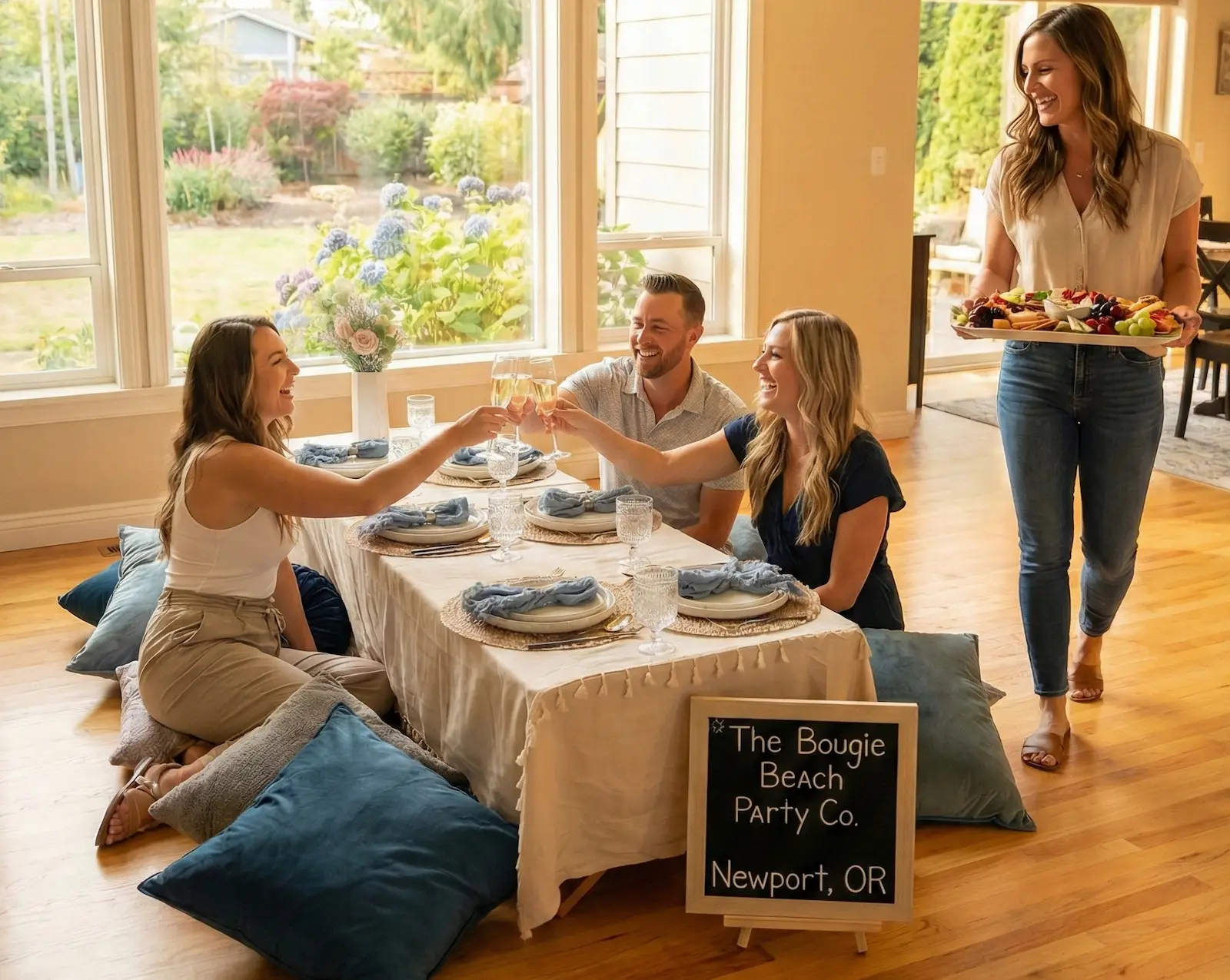 Luxury picnic tablescape setup in Newport Oregon for elegant dining and celebrations