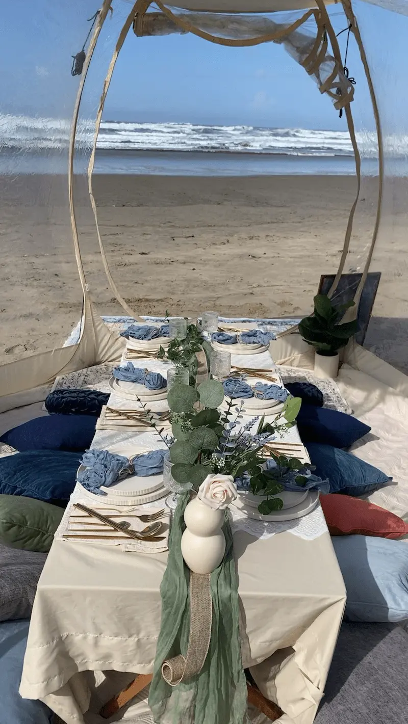 Luxury tablescape setup in Newport Oregon with ocean-view clear bubble dining