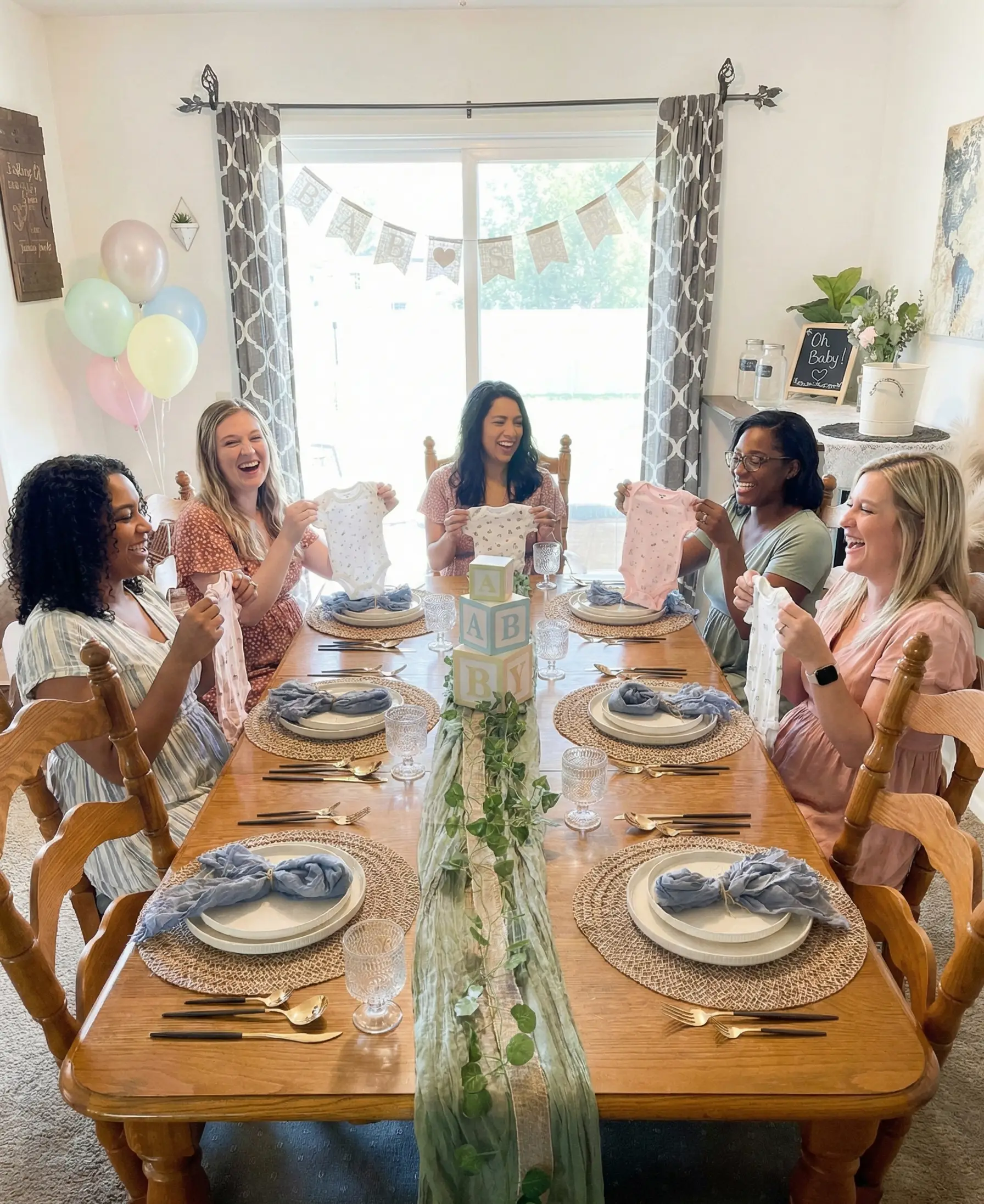 Elegant baby shower tablescape setup in Newport Oregon with styled dining decor