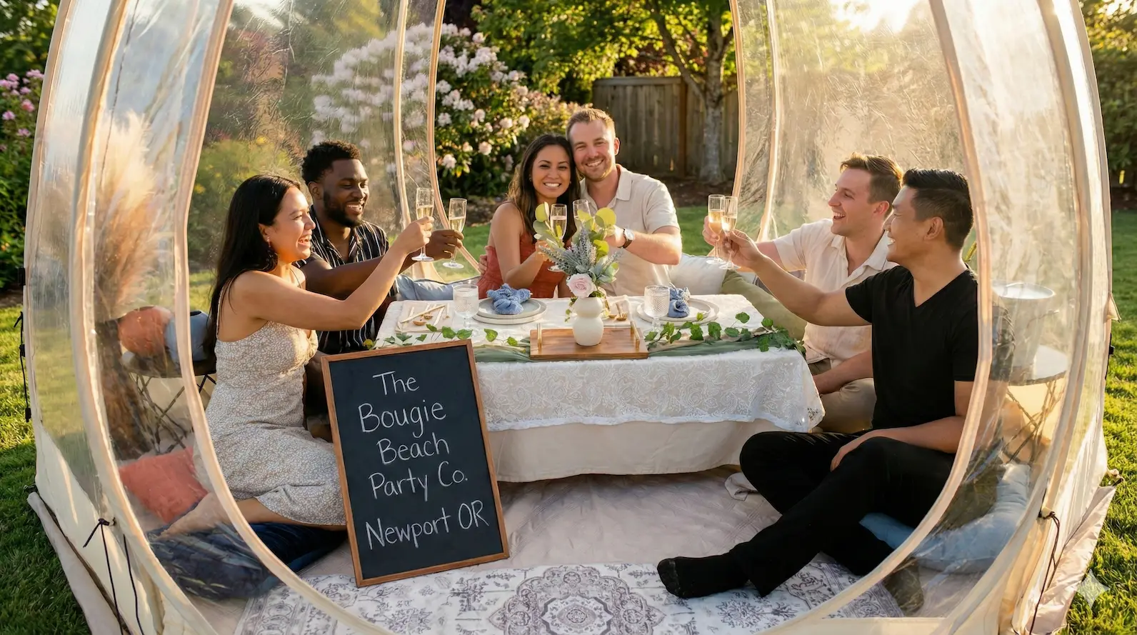 Clear bubble dining setup in Newport Oregon backyard for group toast and celebration