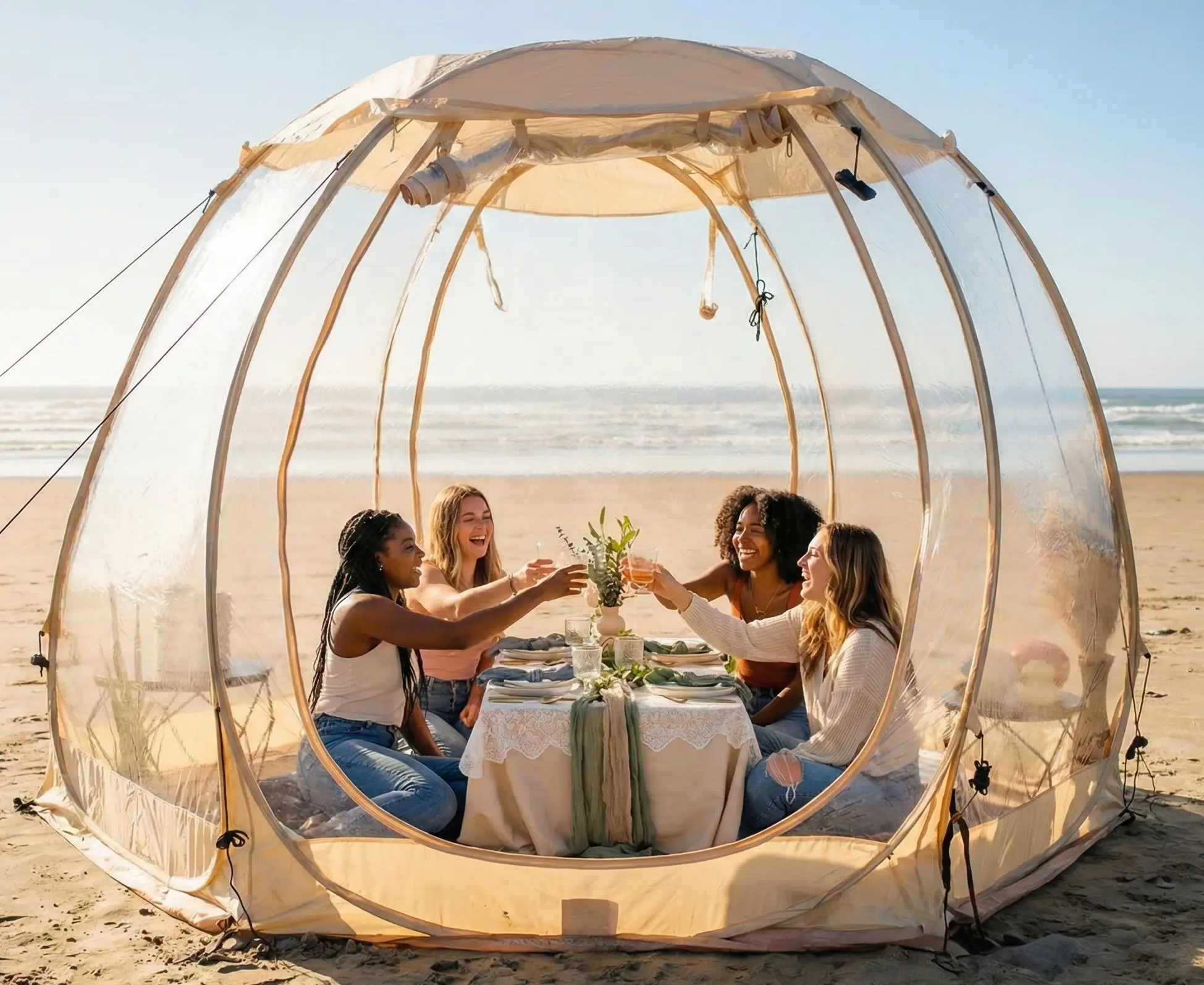 Clear bubble beach brunch dining setup on the Oregon Coast near Newport Oregon