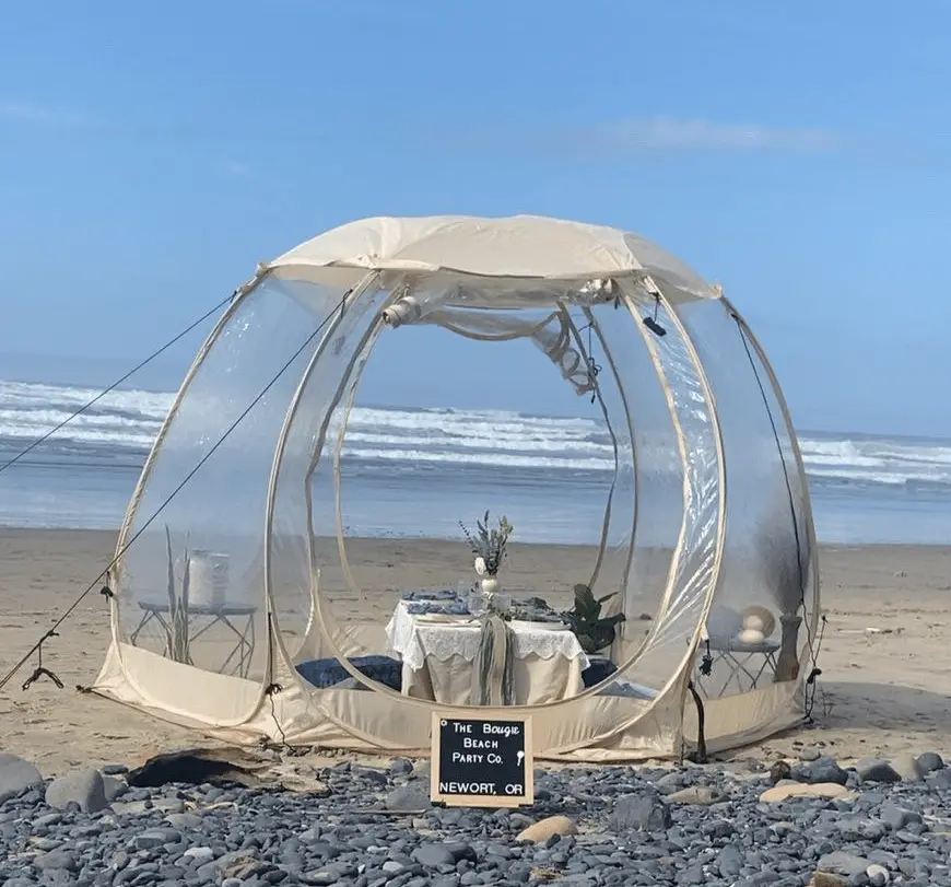 Clear bubble beach setup on the Oregon Coast near Newport Oregon for celebrations