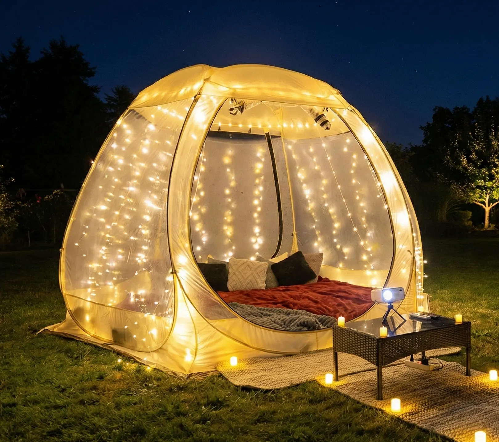 Clear bubble movie night rental in Newport Oregon with string lights projector and 100 inch screen