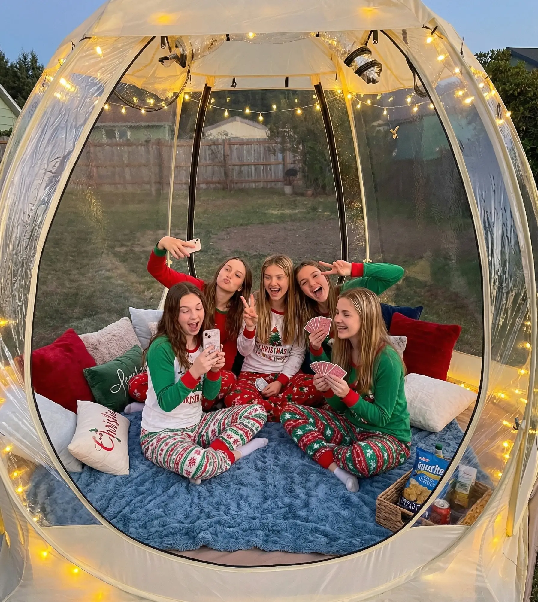 Holiday party inside clear bubble dome rental in Newport Oregon with festive decor