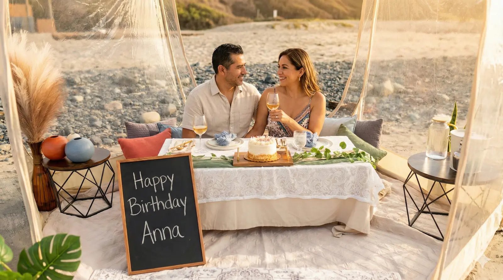 Clear bubble dome dining experience in Newport Oregon with tablescape for anniversaries and proposals