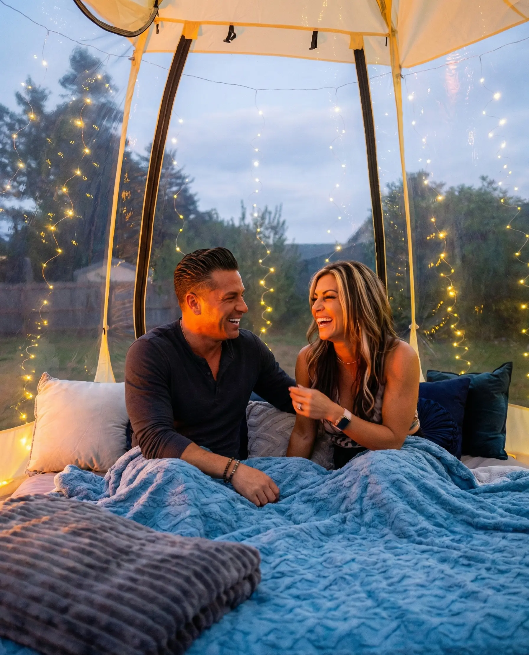 Clear bubble lounge setup in Newport Oregon backyard with string lights and blankets