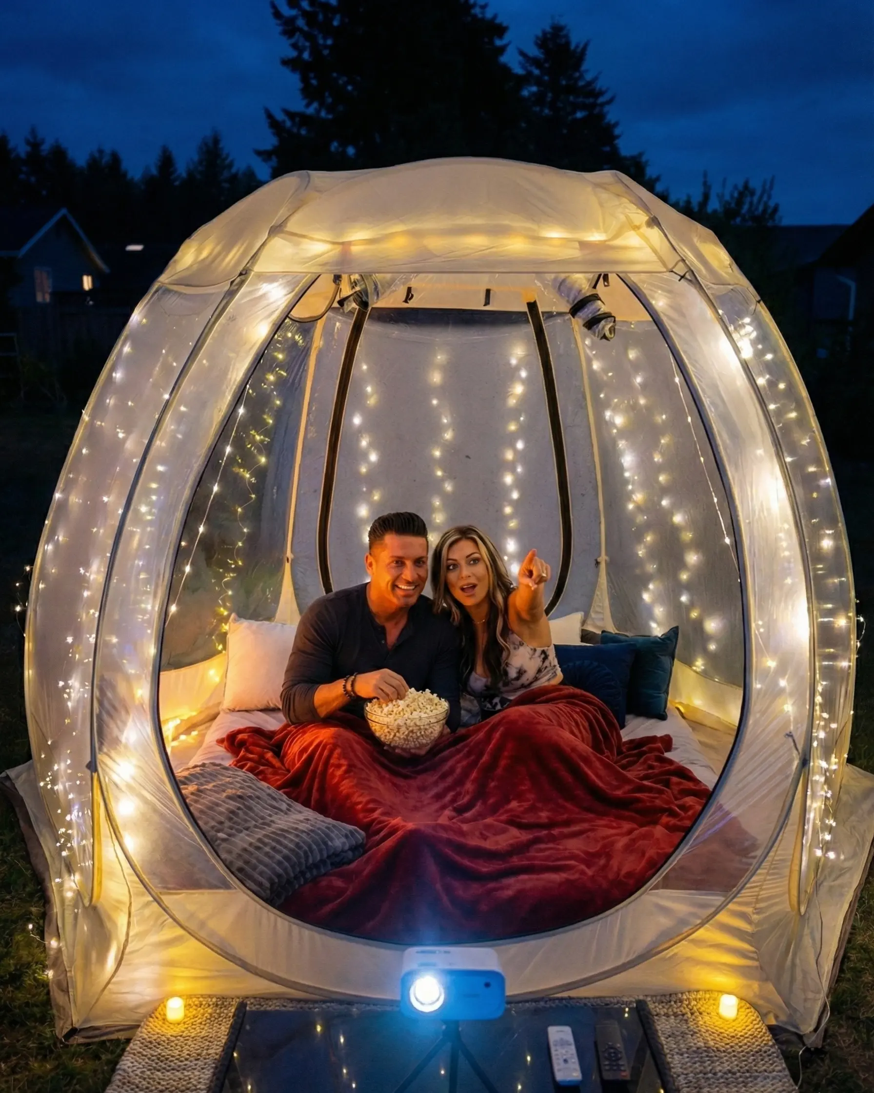 Romantic outdoor movie night in a clear bubble on the Oregon Coast near Newport Oregon