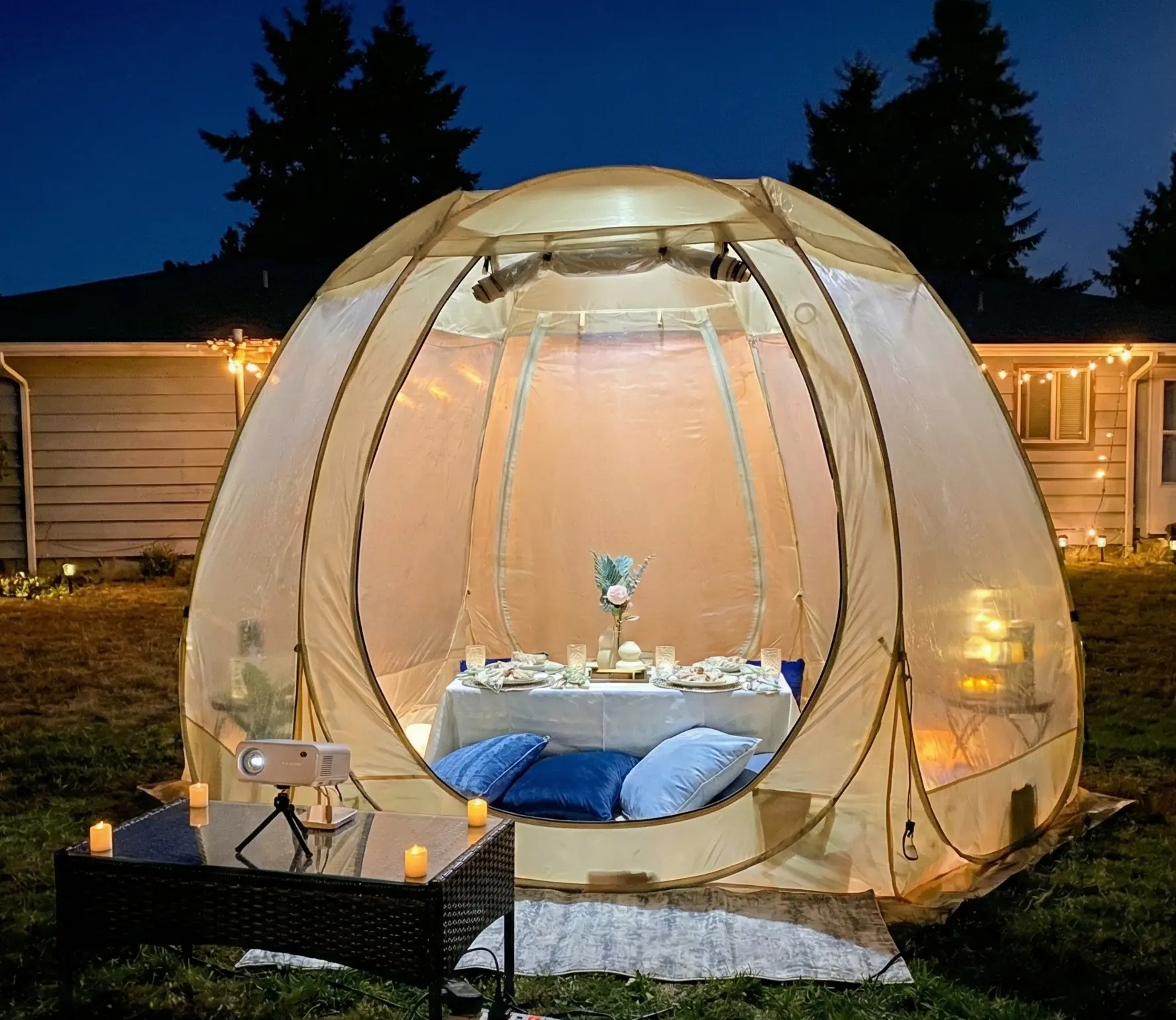 Romantic dinner and movie date night in Newport Oregon with clear bubble and projector