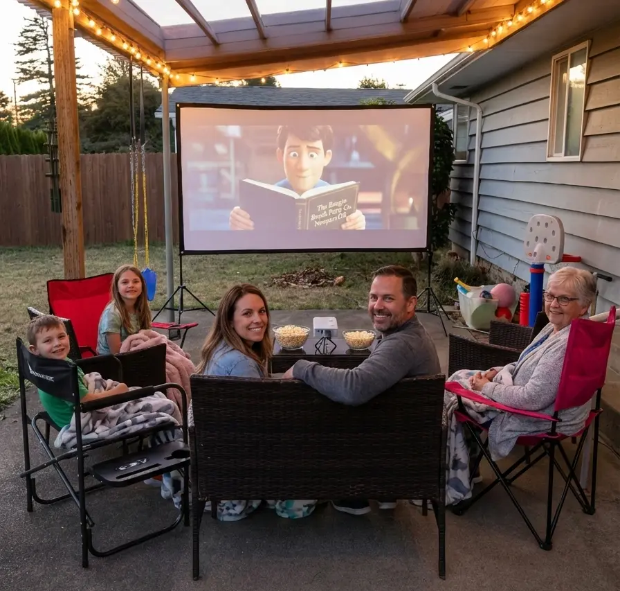 Family outdoor movie night rental in Newport Oregon with projector and screen