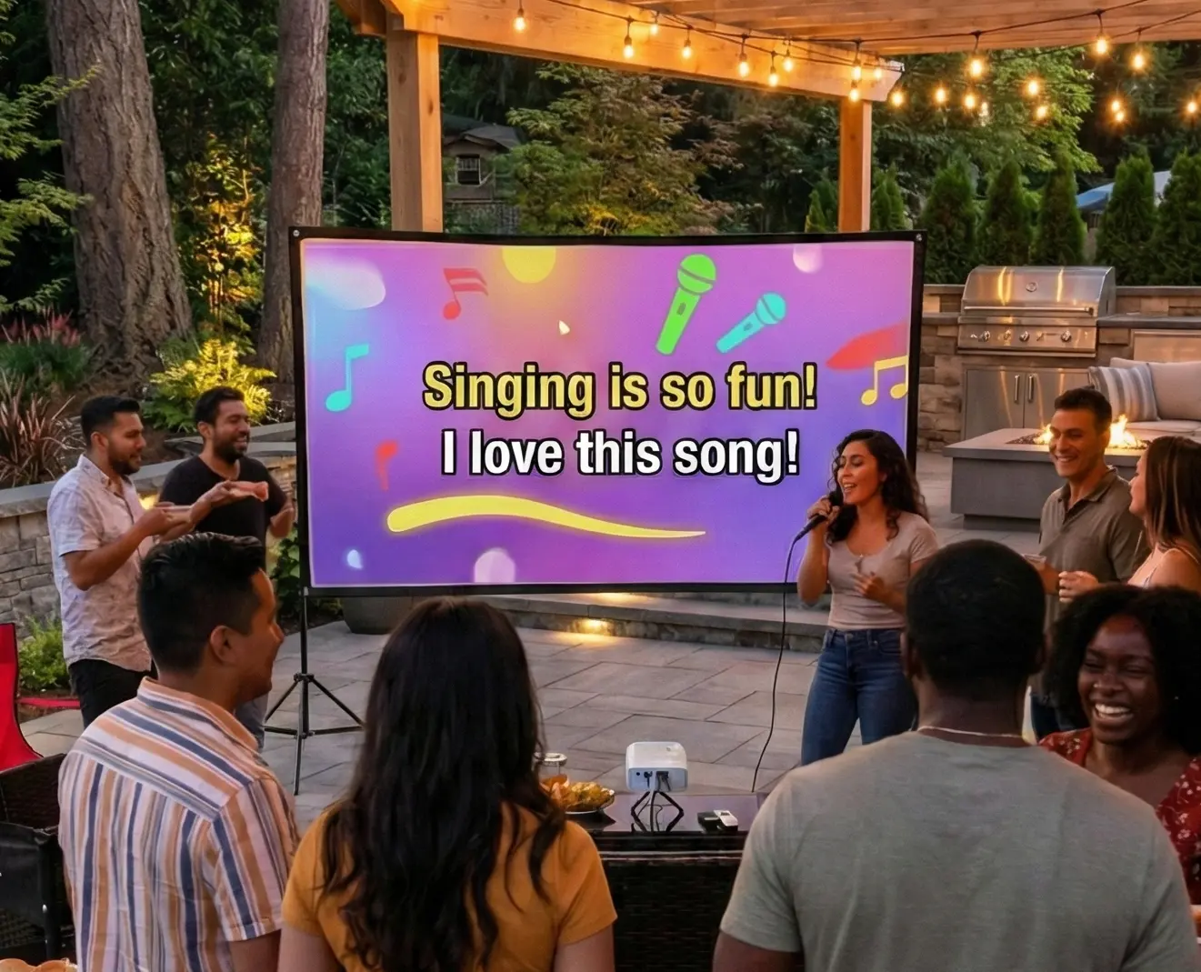 Outdoor music or karaoke night setup in Newport Oregon with 120 inch projector screen