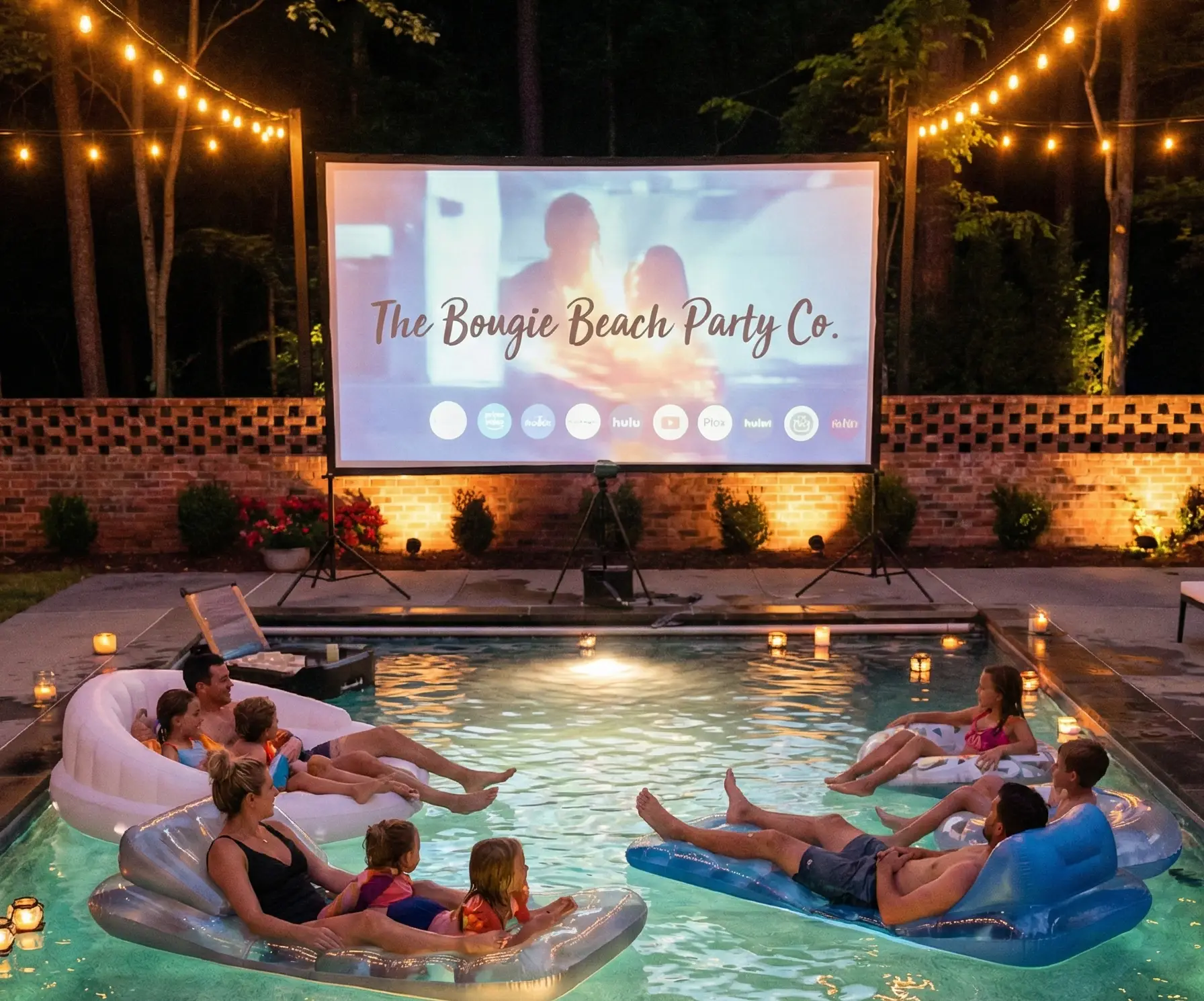 Outdoor movie night setup in Newport Oregon with 100 inch projector screen