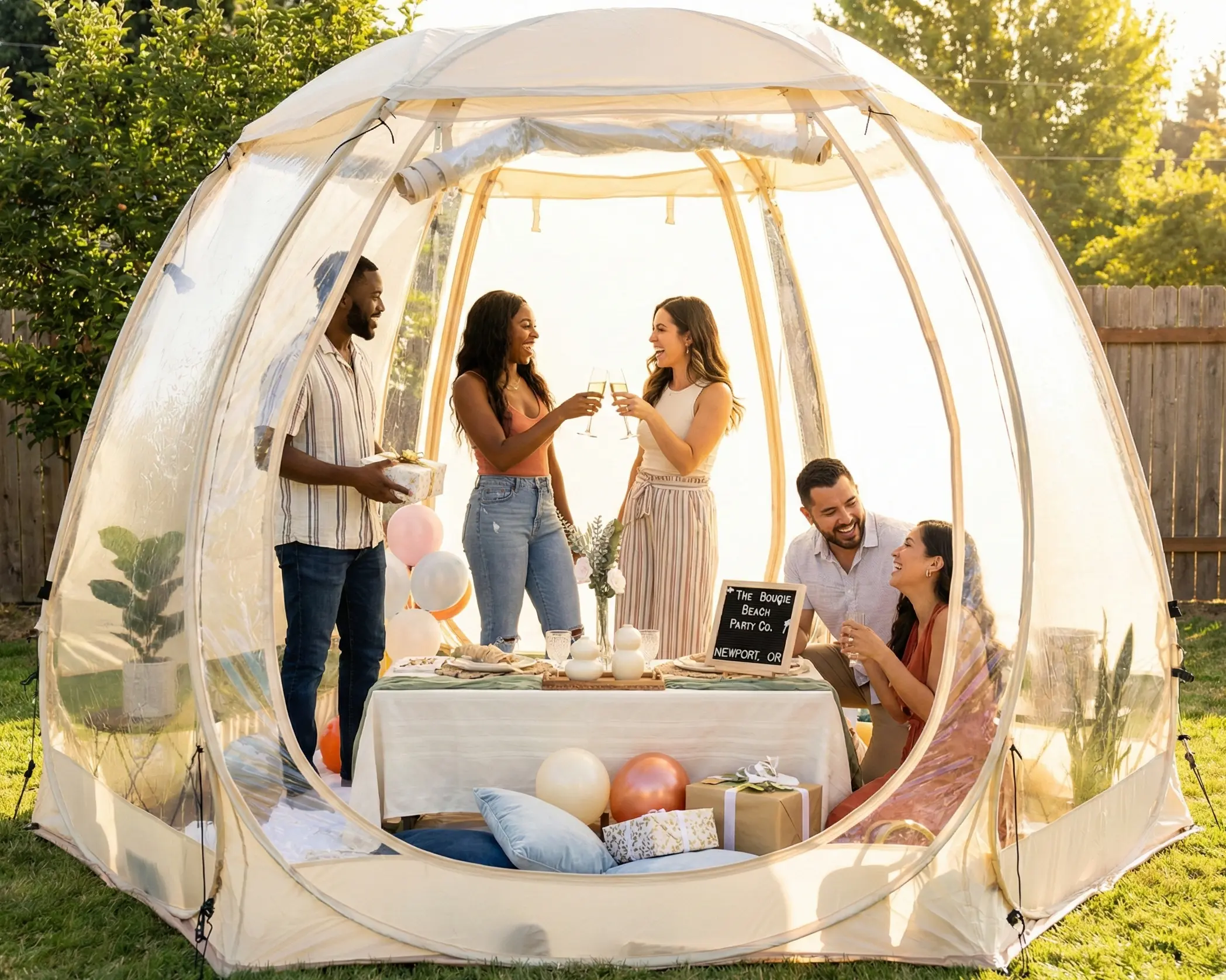 Clear bubble dome rental in Newport Oregon styled for brunch and dining