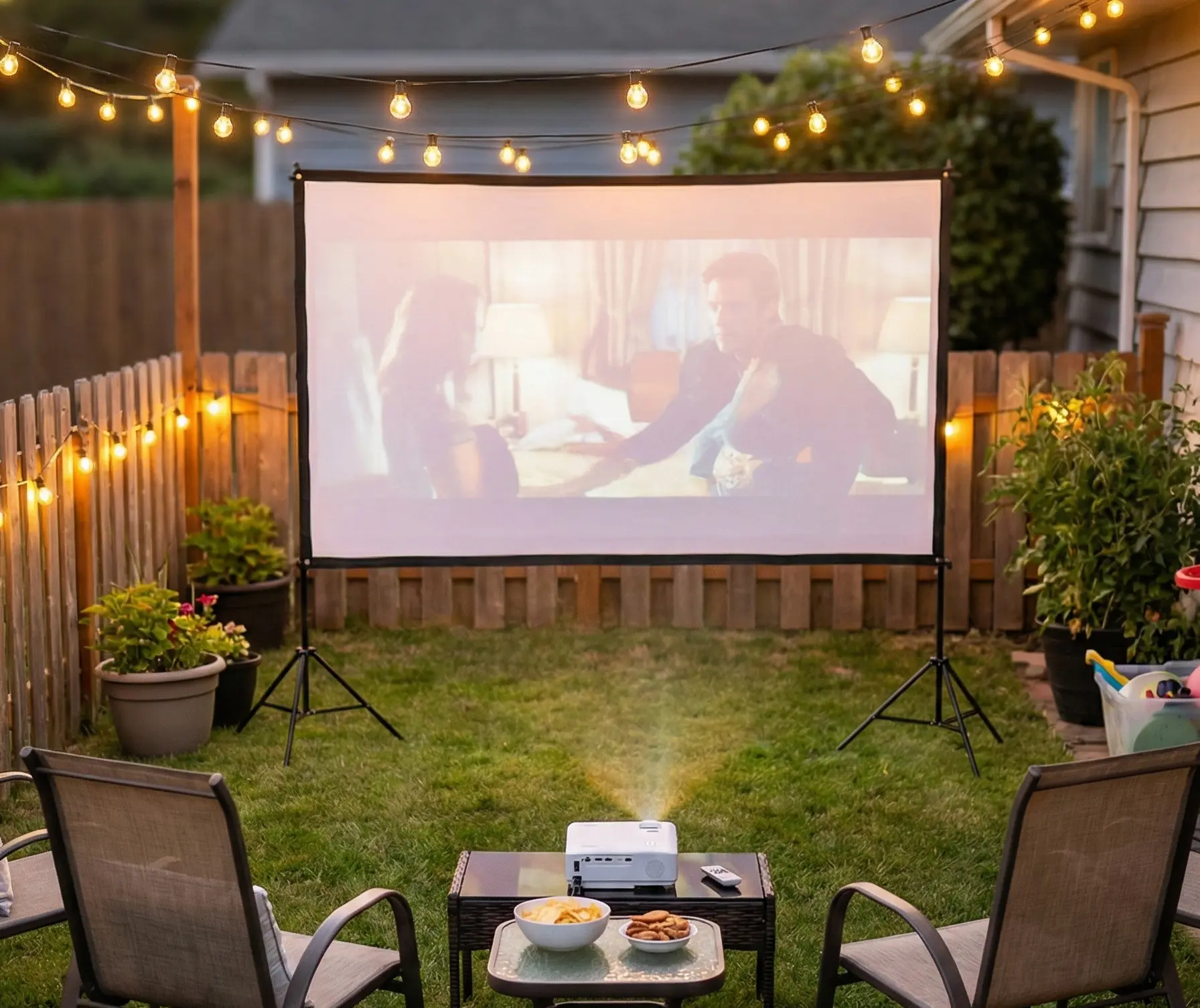 Outdoor movie night rental in Newport Oregon with 4K projector and large screen setup