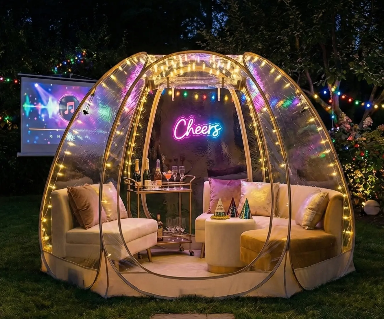 Clear bubble party rental in Newport Oregon with LED lounge lighting and projector for cocktails