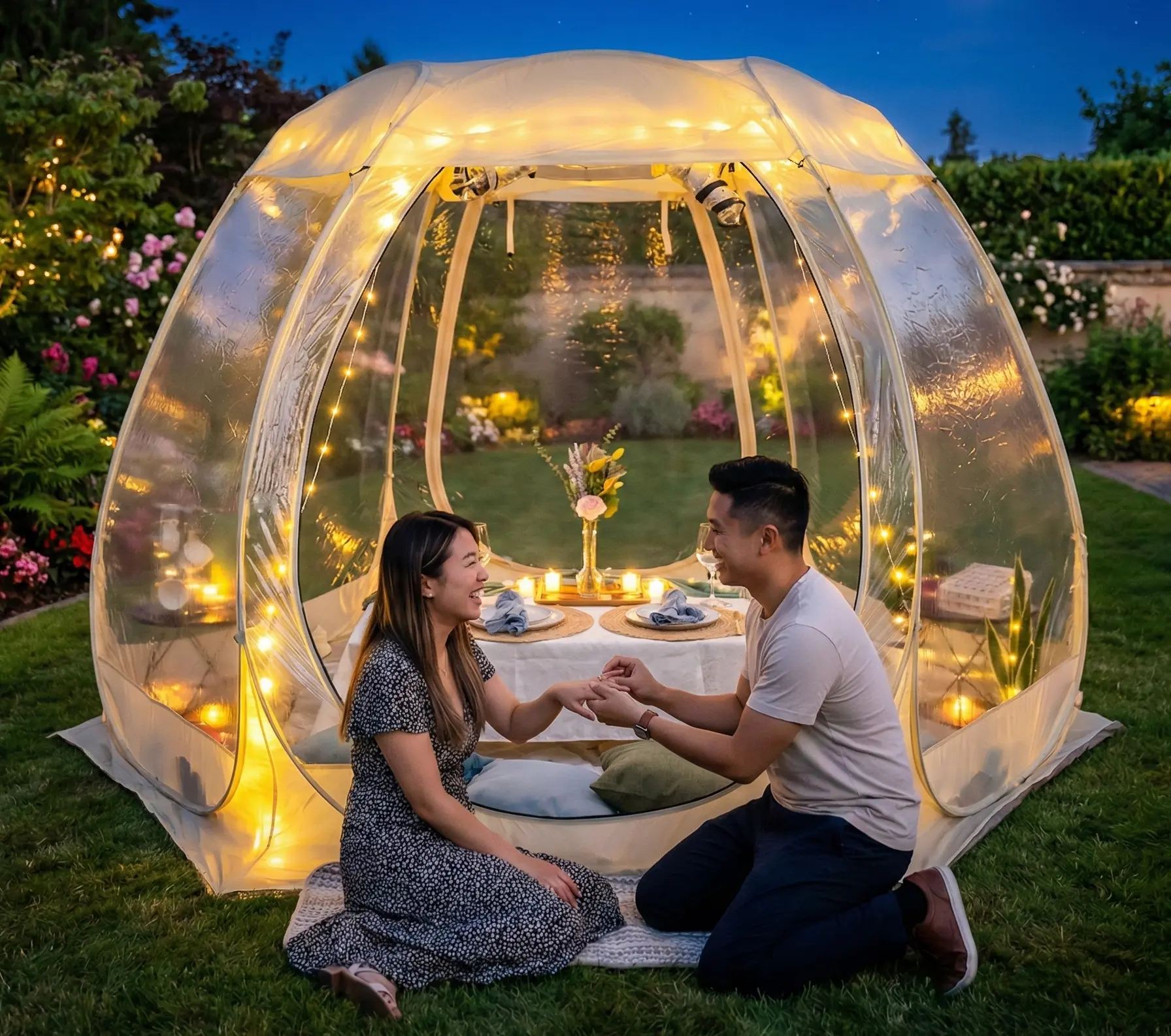 Romantic proposal setup with clear bubble and elegant dining table near Newport Oregon Coast