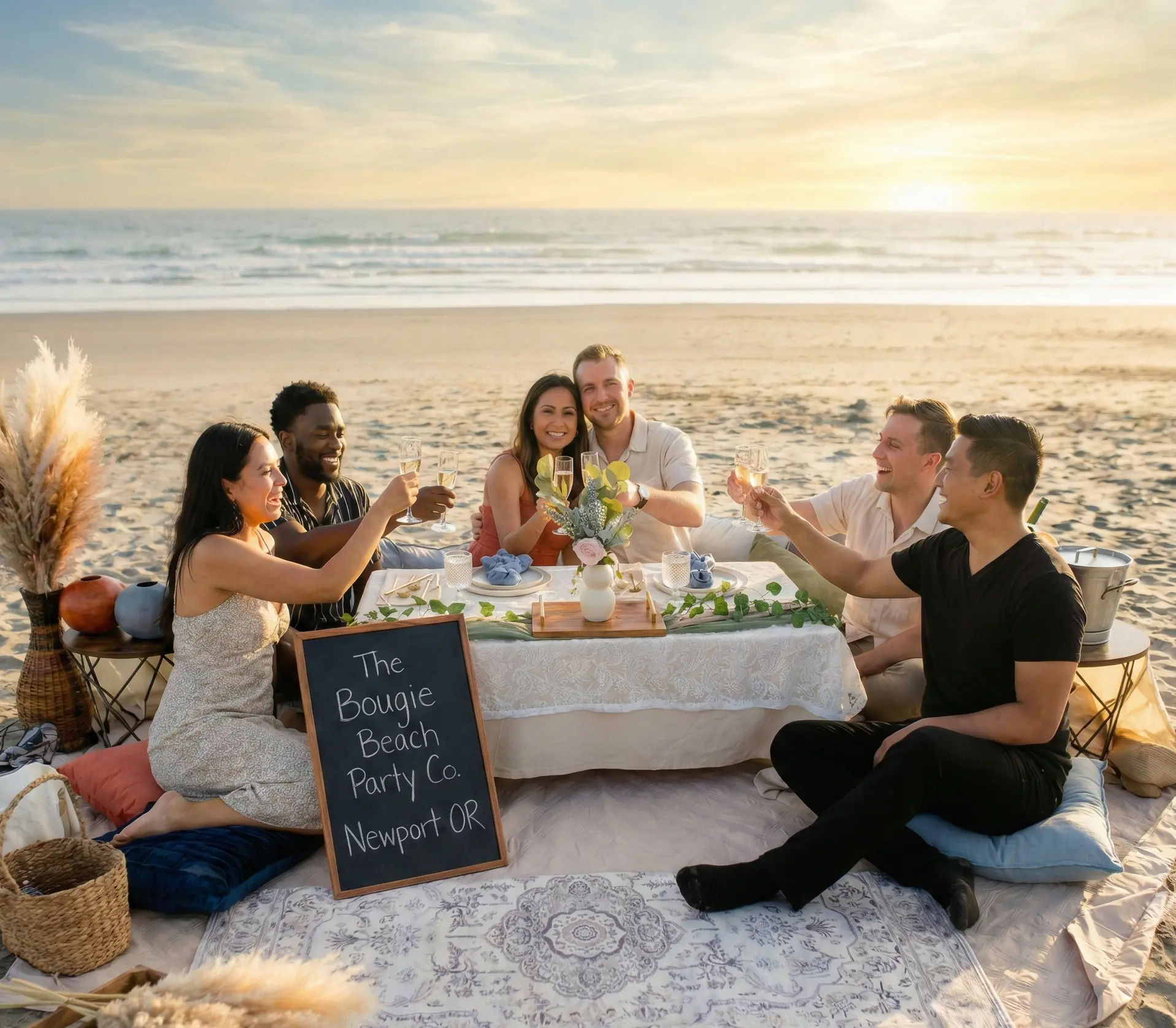 Sunset seaside dinner tablescape setup on the Oregon Coast near Newport Oregon