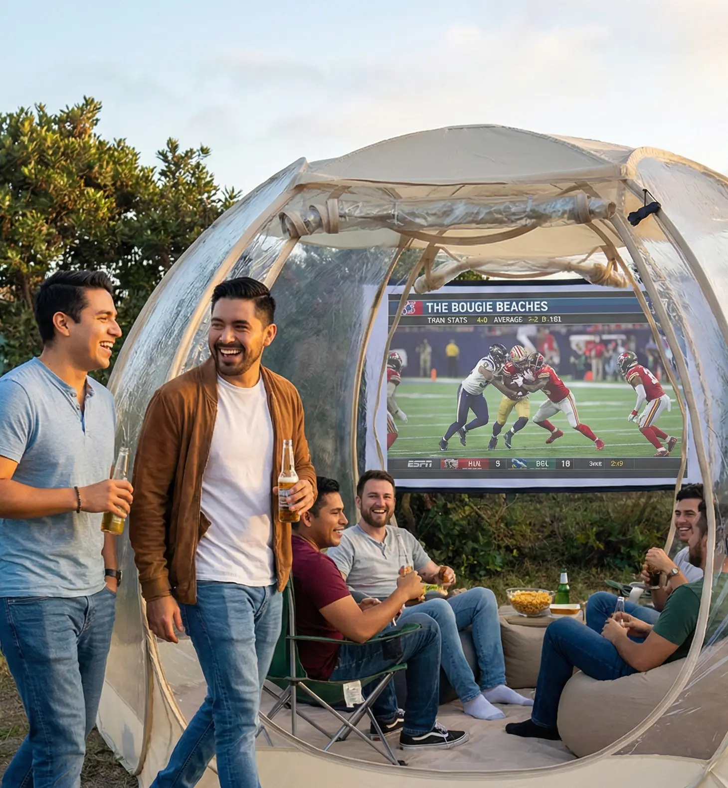 Backyard sports watch party setup in Newport Oregon with projector screen and bubble lounge