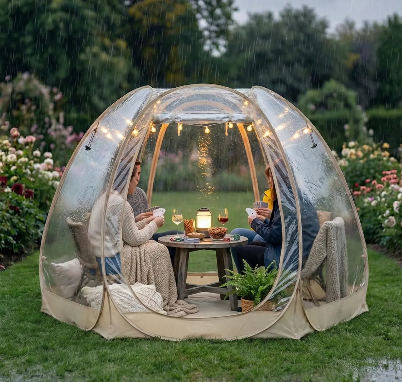 Clear bubble rental in Newport Oregon backyard setup for rainy day party with tablescape