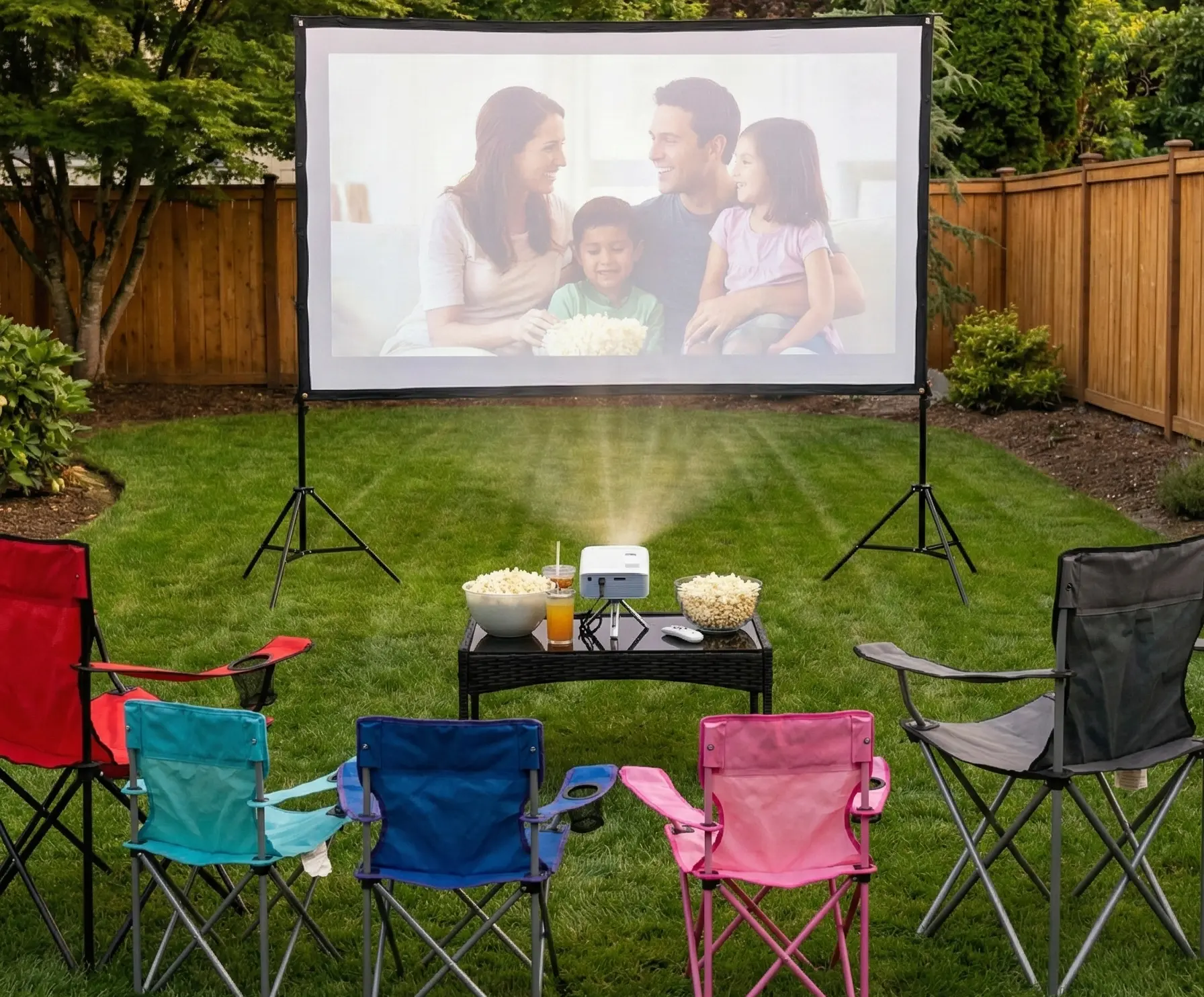 Outdoor cinema setup in Newport Oregon with projector screen rental and seating for guests